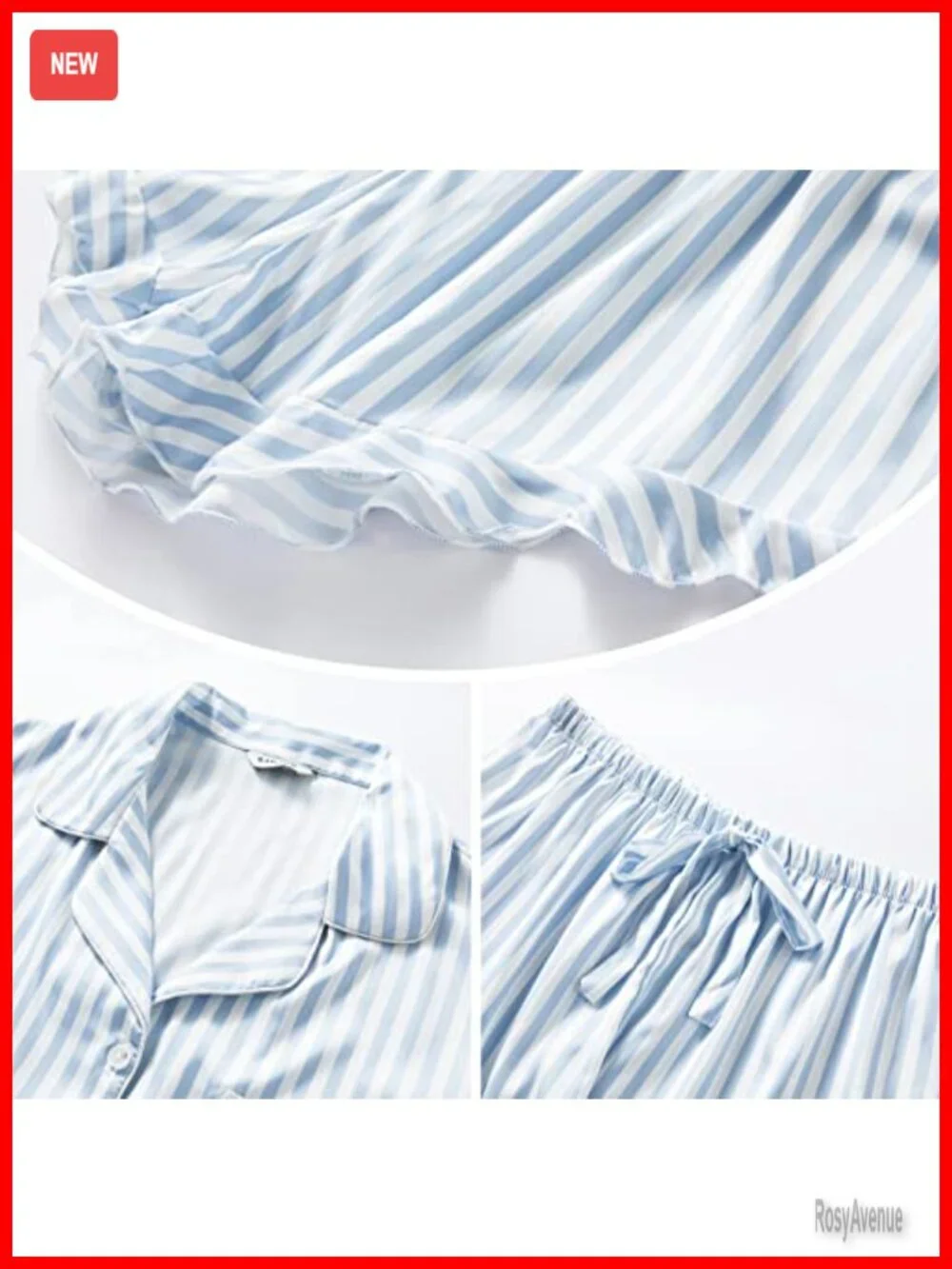 Satin Silk Pajama Set for Women - Ruffle Notch Collar Button Down Short Sleeve